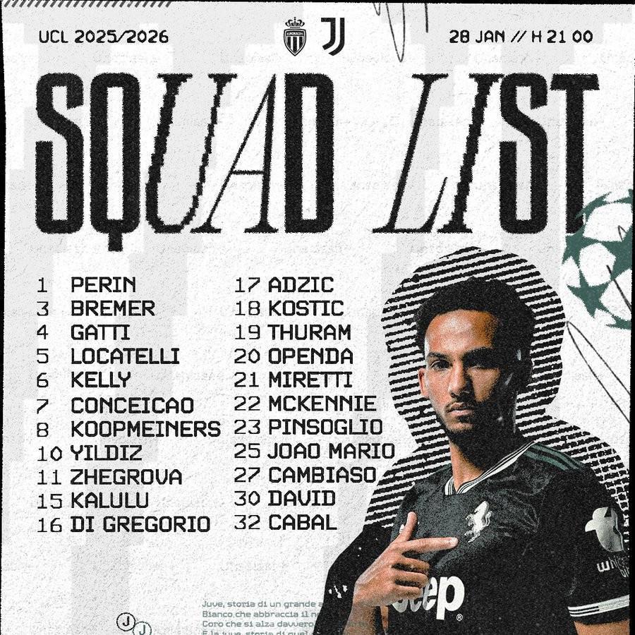 尤文欧冠末轮客战摩纳哥大名单:伊尔迪兹领衔,戴维在列